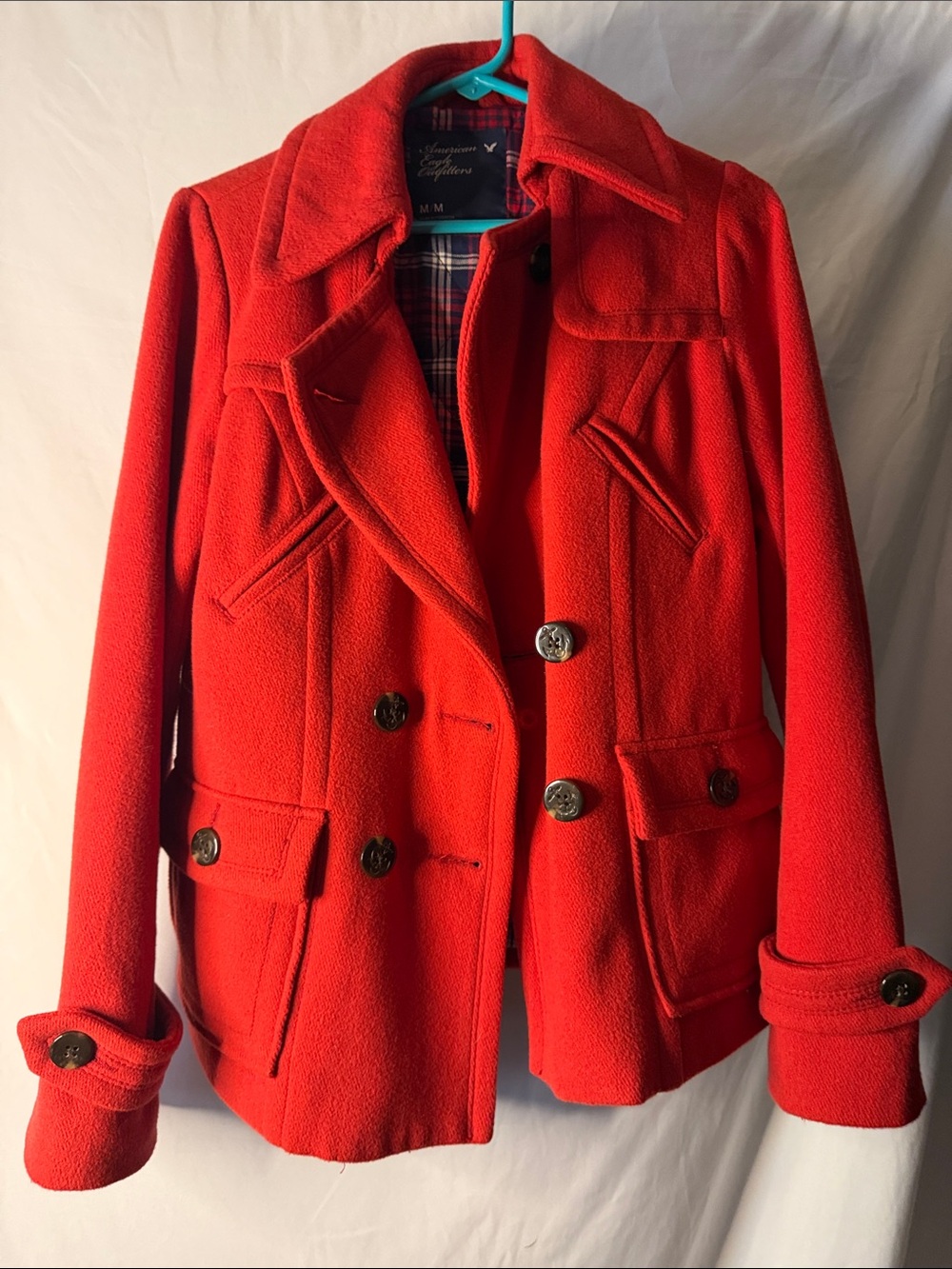 American Eagle Pea Coat Womens M Red Like New Double Breasted Wool Blend Plaid